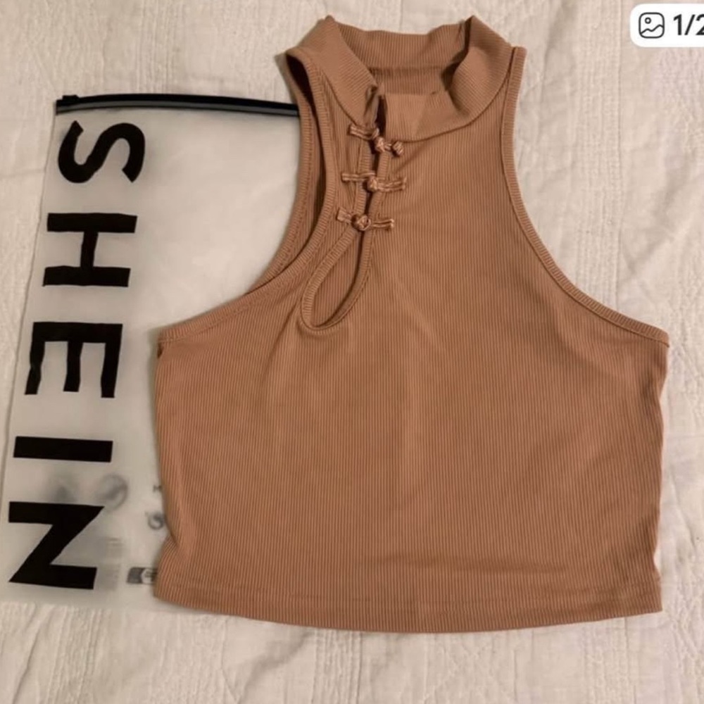 SHEIN Camel Ribbed High Neck Tank Top